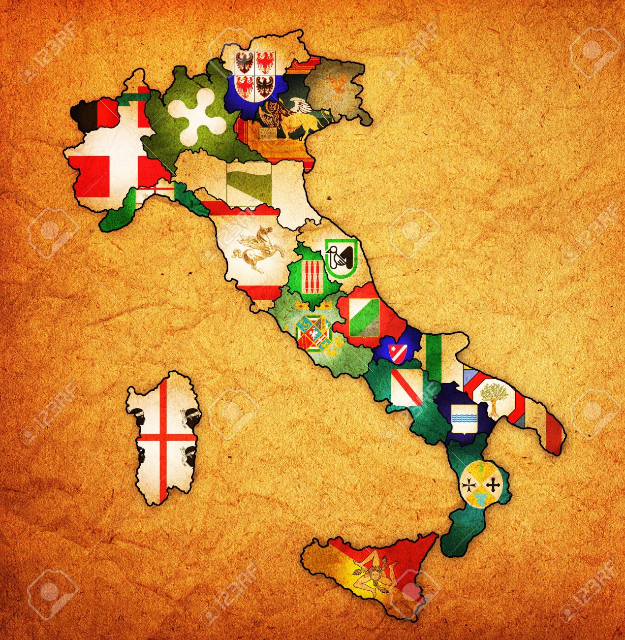 18088066-all-regions-on-administration-map-of-italy-with-flags-stock-photo